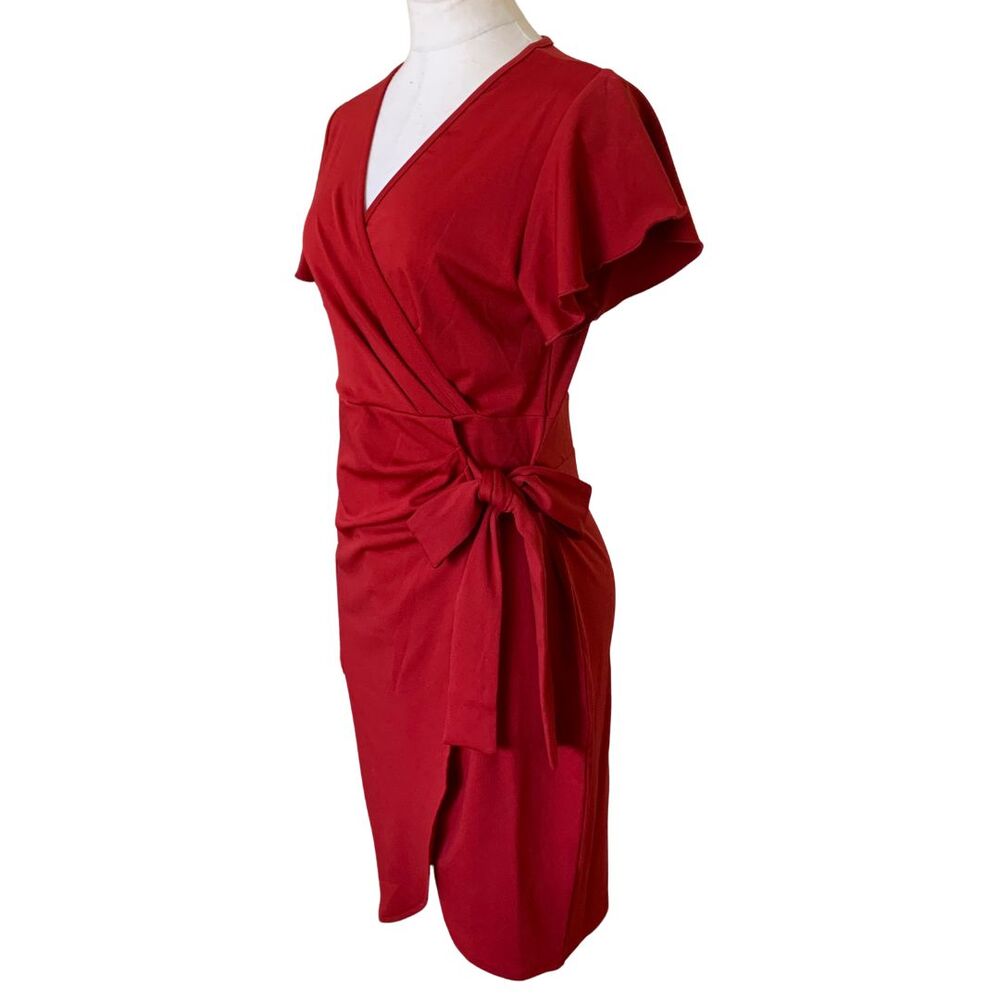Red Faux Wrap Dress with Side Tie – Short Sleeve Knee Length Women’s Size M - Picture 4 of 10